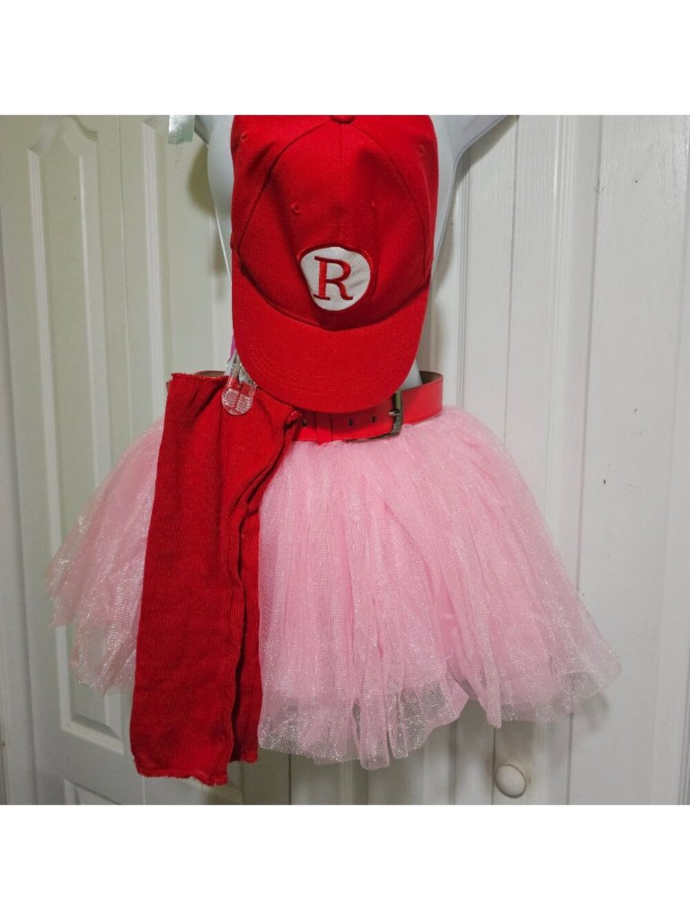 A League of Their Own Dottie Costume Adult Pink Tutu Red Hat Leg Warmers Belt